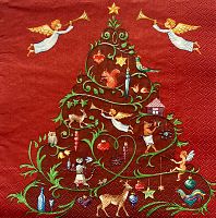 Салфетка 33*33 см Рождественское дерево и ангелы на красном, Butlers